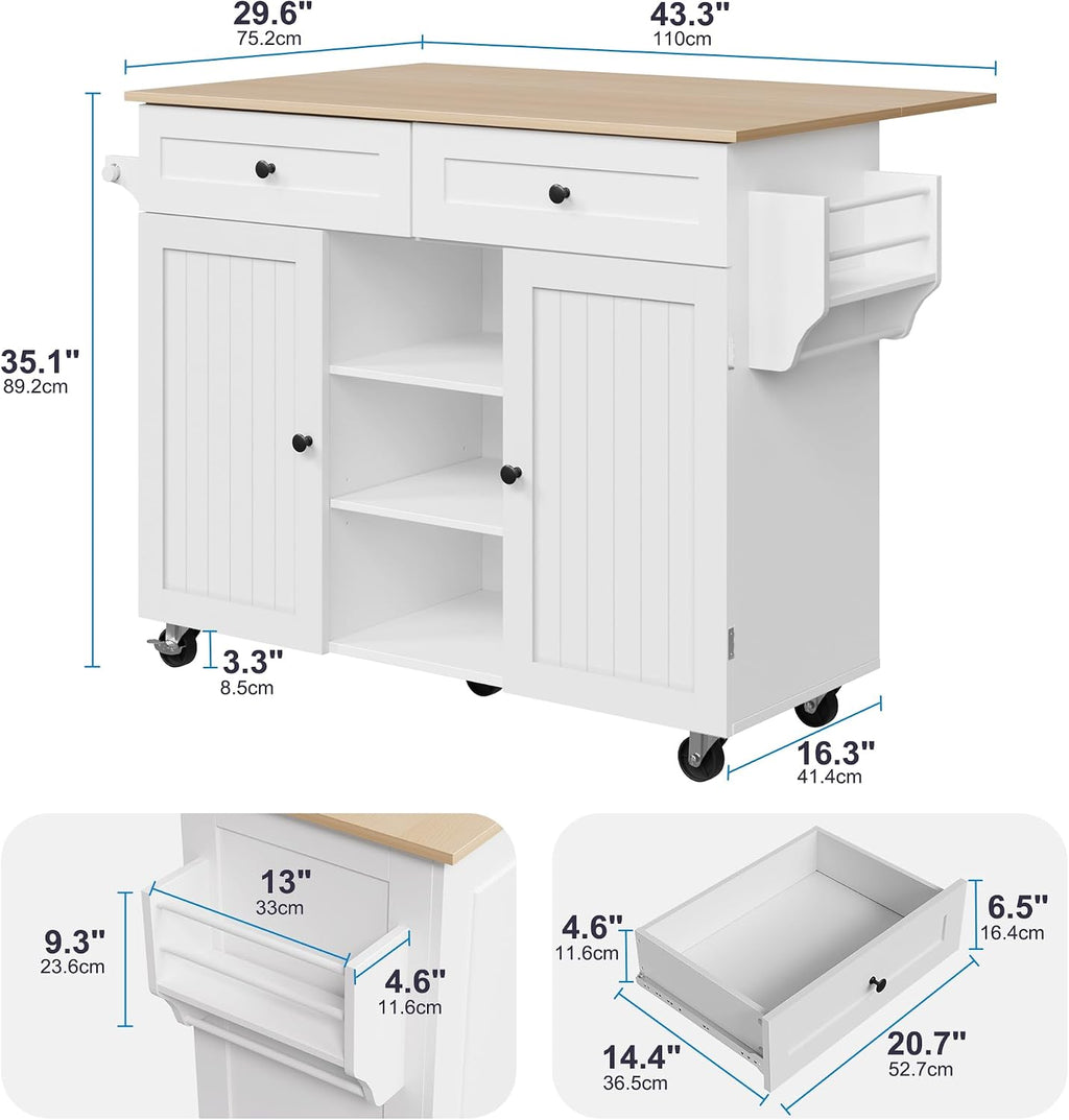 Furnify Kitchen Island with Wheels & Drawers, Kitchen Island Cart, White | Rolling Kitchen Island with Drop Leaf, Mobile Kitchen Storage Cabinet with Towel Rack & Spice Rack for Dining Room, Kitchen