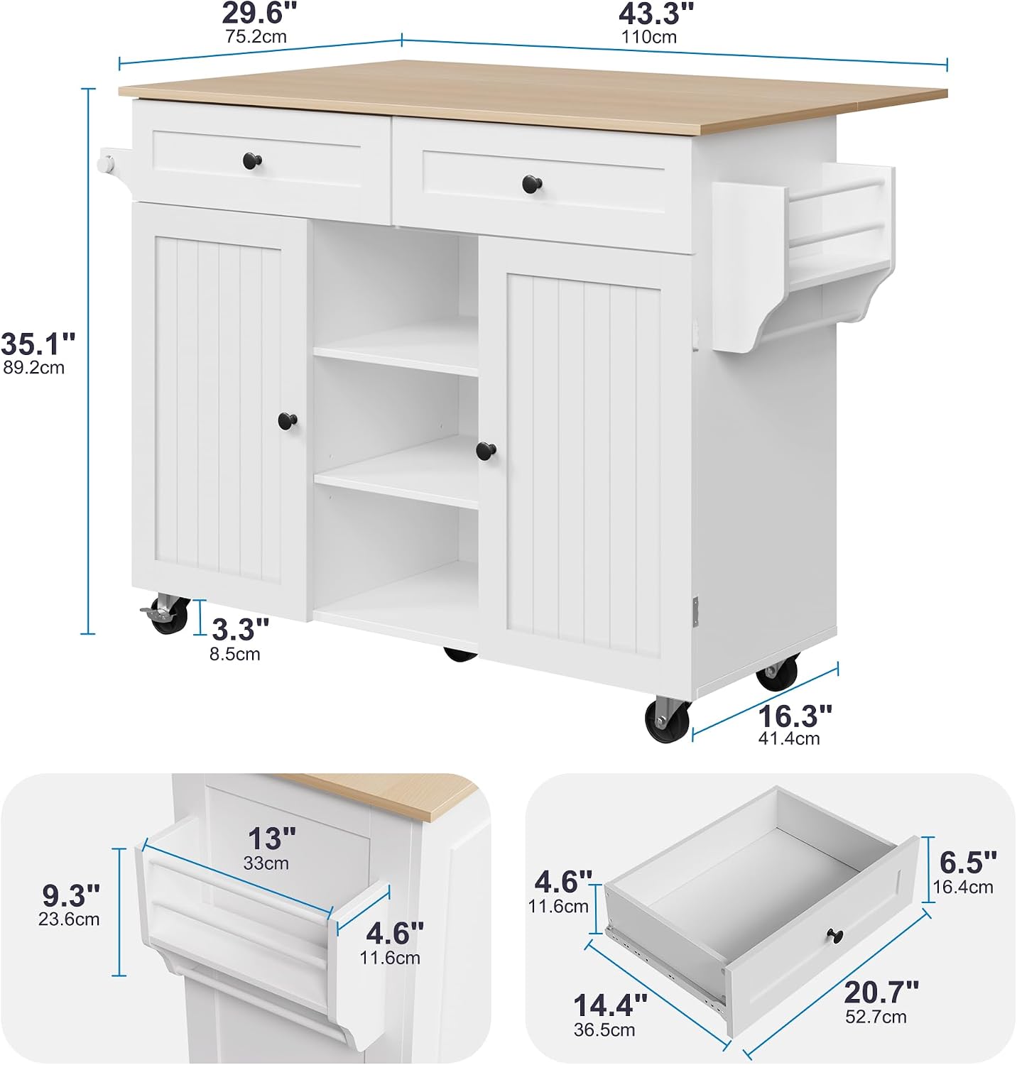 Furnify Kitchen Island with Wheels & Drawers, Kitchen Island Cart, White | Rolling Kitchen Island with Drop Leaf, Mobile Kitchen Storage Cabinet with Towel Rack & Spice Rack for Dining Room, Kitchen