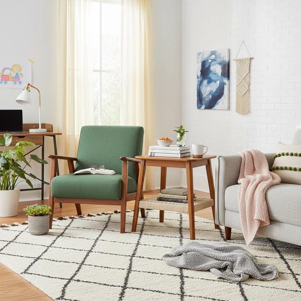 23" Mid-Century Side Table with Woven Shelf, Walnut Finish, Solid Wood and MDF, Storage Bedside Table for Living Room, Bedroom, Patio, Home Office