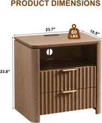 Night Stands Set of 2,Fluted Nightstands with Charging Station- Modern 2 Drawers Nightstand 23.8" Tall Bedside Table End Table, Large Night Stand for Bedroom, Sofa Side Table,Brown