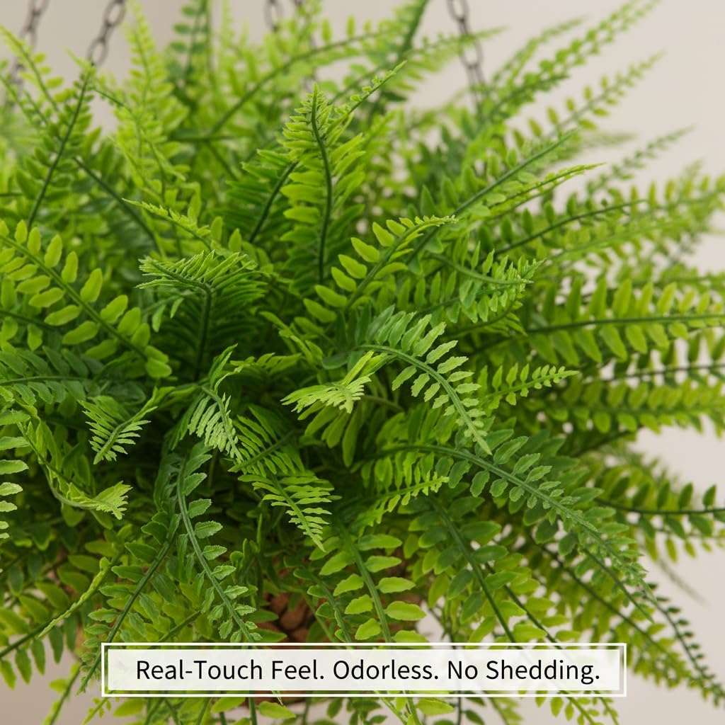 2 Set Artificial Ferns for Outdoors with Coconut Baskets, Fake Hanging Boston Ferns with 12" Coir Pot &Chain,UV Resistant Faux Hanging Persian Grass Baskets for Outdoor Porch Patio Decor