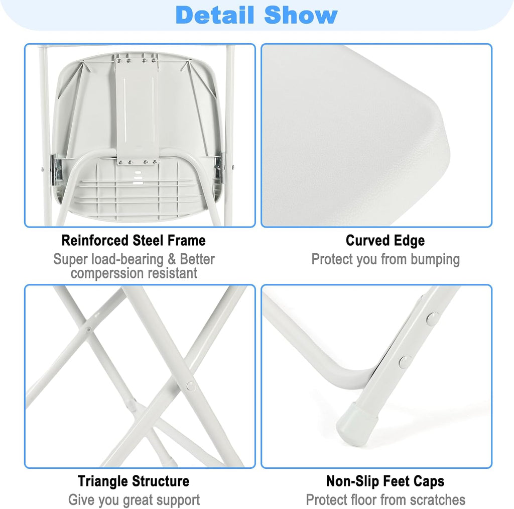 White Folding Chairs 12 Pack, Plastic Folding Chair for Outside, Indoor Outdoor Portable Commercial Seat with Steel Frame, Foldable Chairs for Party Events Wedding Office, 350LBS Capacity