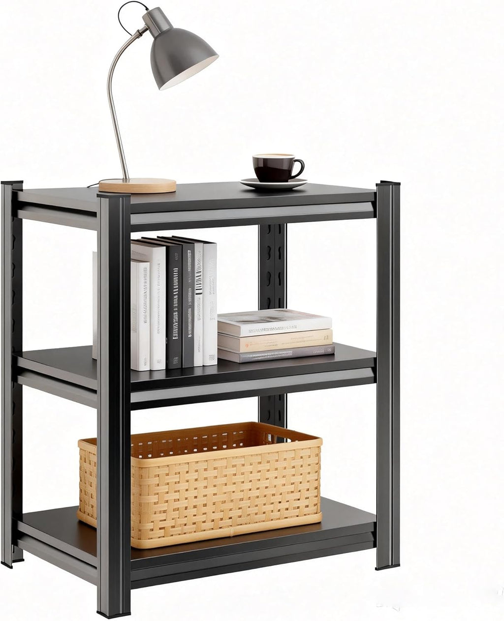 3-Tier Small Bookcase & Office Side Table, Black Industrial Bookshelf, Adjustable Metal Stand, Versatile Side Shelf for Movies, CDs & Books, Storage Rack for Small Spaces