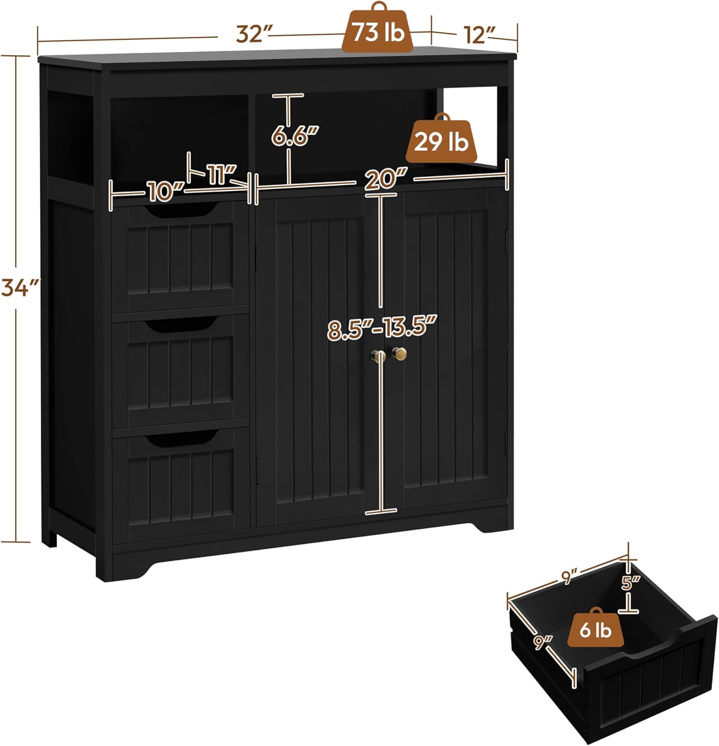 Yaheetech Bathroom Storage Cabinet, Wide Floor Cabinet with 3 Drawers and 2 Doors, Barhroom Storage Organizer with 2 Open Shelves, Adjustable Shelf, for Living Room, Kitchen, Hallway, Black