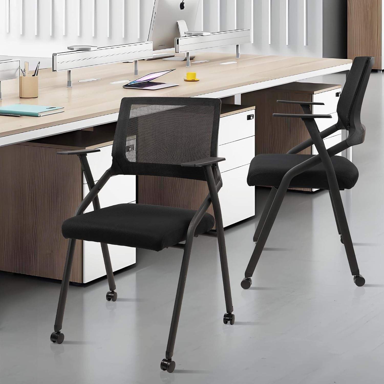 CLATINA Stackable Foldable Conference Room Chairs with Wheels, Portable Padded Office Desk Chair with Lumbar Support and Armrest for Training Room, Guest, Reception, Event, Black (1pk)