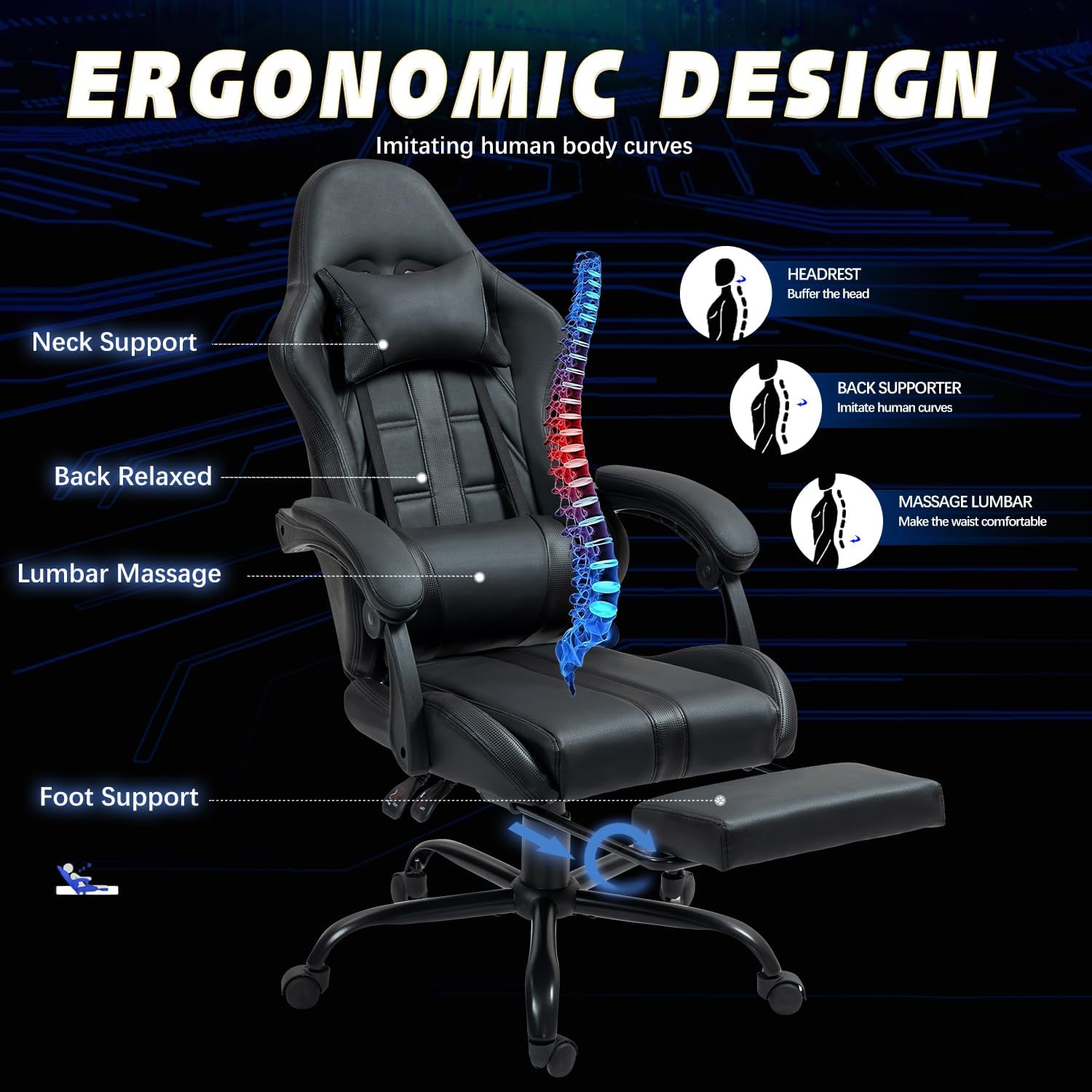 ECOTOUGE Massage Gaming Chair, Video Game Chair with Footrest, Ergonomic Computer Chair with Headrest and Massage Lumbar Support, Height Adjustable High Back Office Desk Chair with 360° Swivel, Black