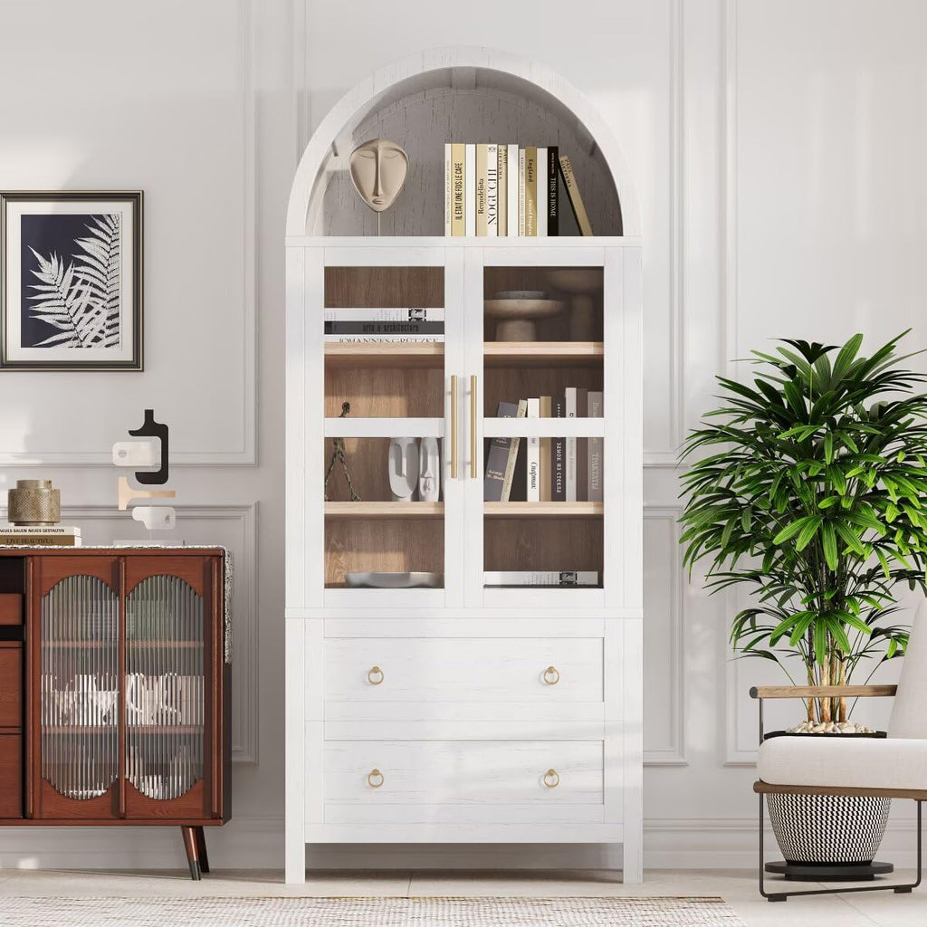 71" Tall Arched Kitchen Pantry Cabinet with 2 Large Drawers, Modern Farmhouse Kitchen Storage Cabinets with Adjustable Shelves, Glass Door, Wood Versatile Cupboard for Kitchens, Dining Room, White