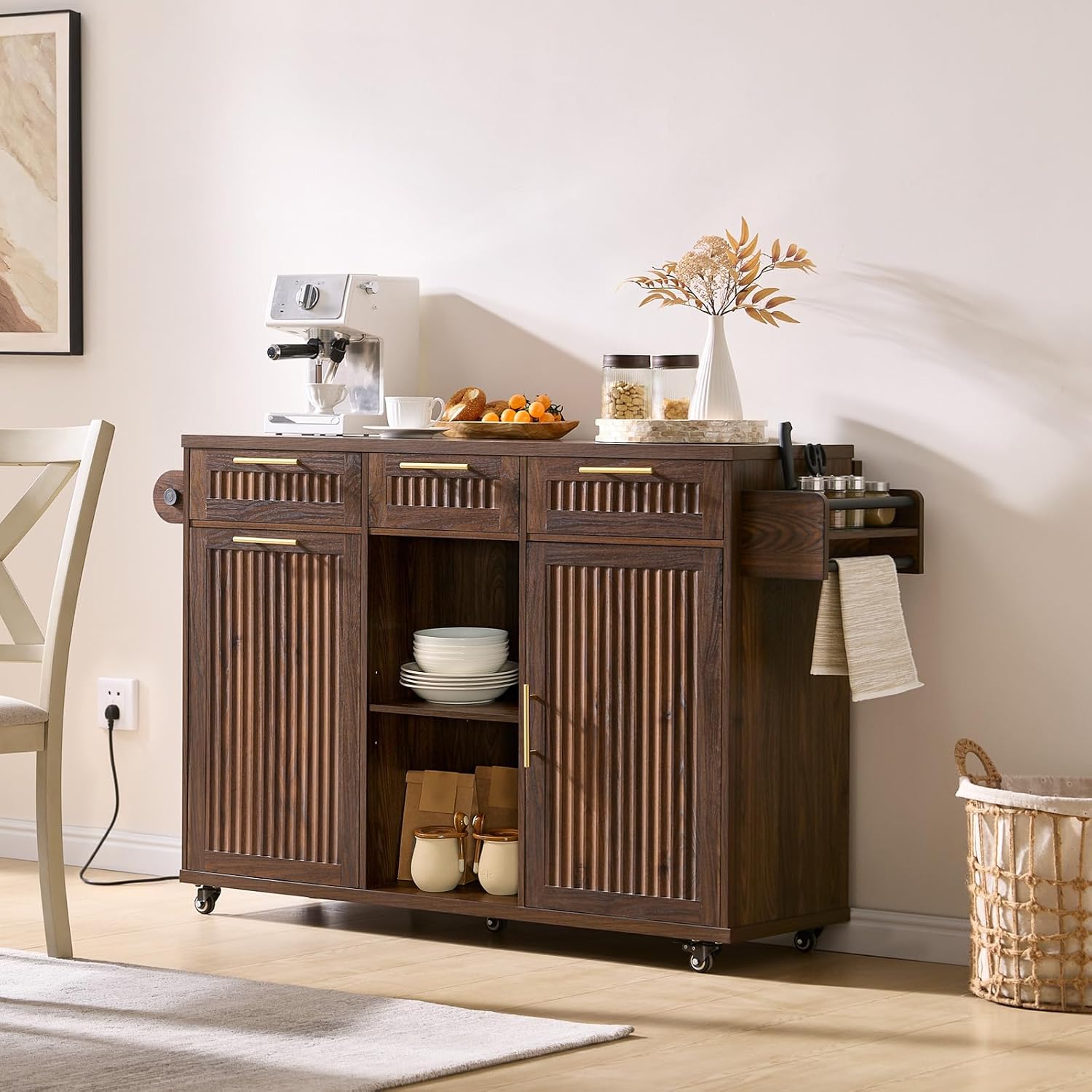 Okvnbjk 57" Rolling Kitchen Island with Storage & Drop Leaf, Walnut | Mobile Island with Trash Can Storage Cabinet, Power Outlet, Large Island Cart on Wheels with Spice & Towel Rack, Knife Holder