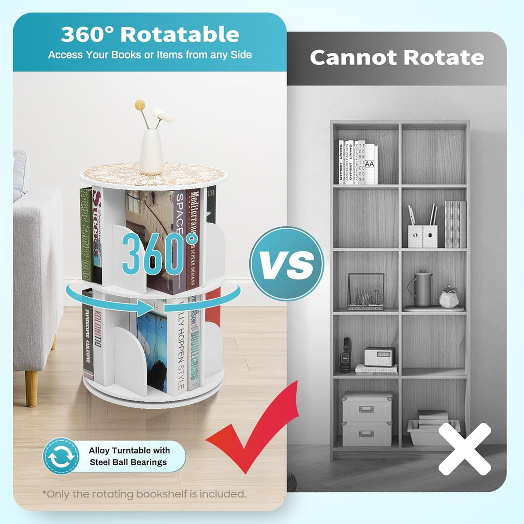 2 Tier Rotating Bookshelf for Living Room, Bedroom, Office & Study | 360° Revolving Bookcase, Dividers, Anti-Falling Design, Space Saving, Floor Standing, Book Organizer