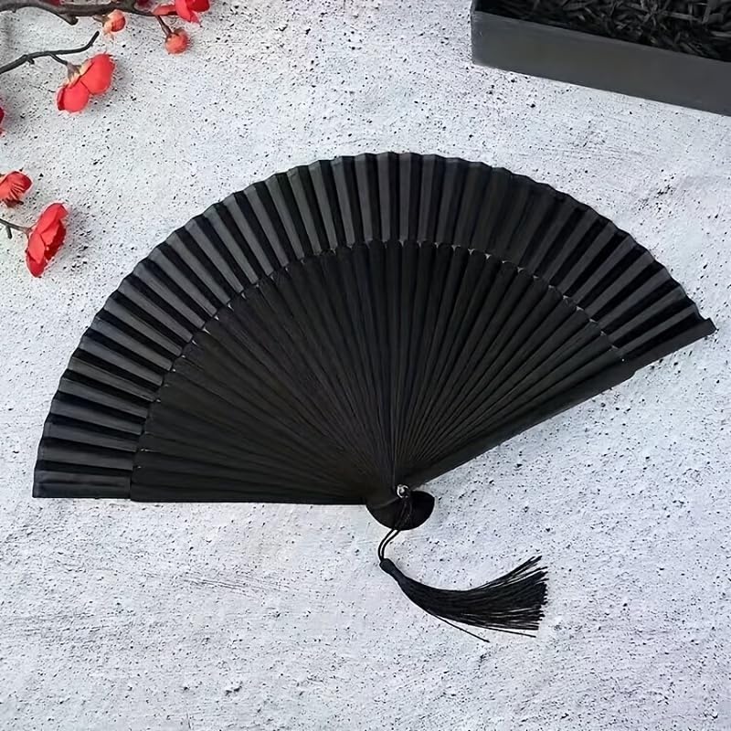 8.27 Inches Bamboo Folding Hand Fan, Chinese Japanese Retro Style Portable Quiet Fan, Elegant Gift for Women, Black
