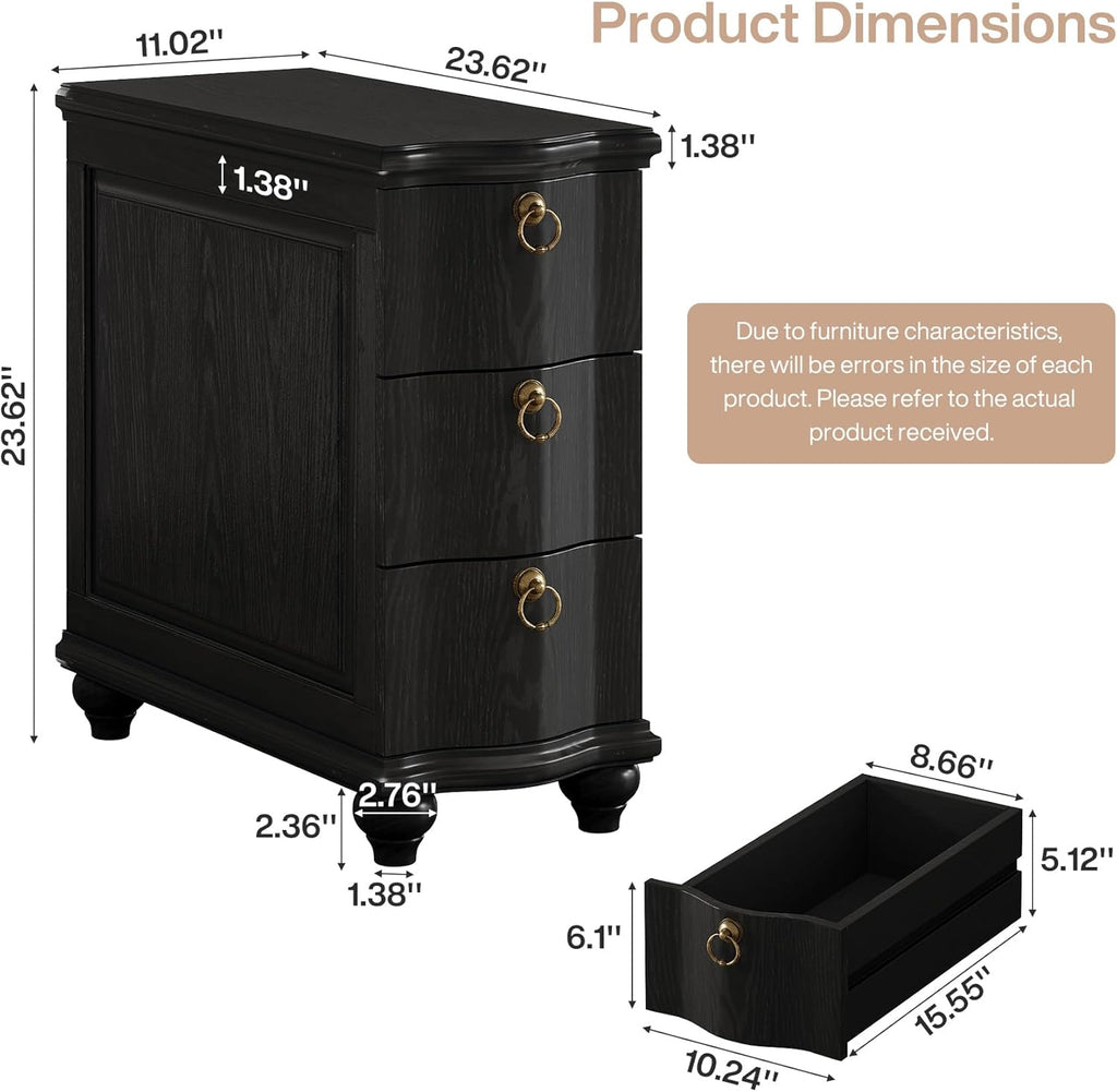 Tribesigns Wood Black End Table Set of 2, 3-Drawers Fully Assembled Narrow Slim Side Table, No Assembly Required, Nightstand for Bedside, Small Spaces, Living Room, Bedroom