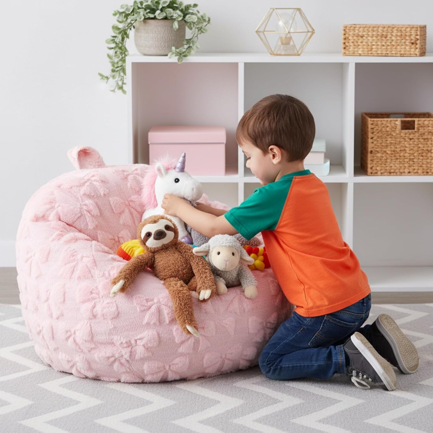 Gilprop Pink Bow Stuffed Animal Storage Bean Bag Chair Cover (No Filler) Fluffy Fuzzy Plush Bean Bag Chair for Teens Adults Soft Faux Cover for Organizing Plush Toys Clothes Home Supplies