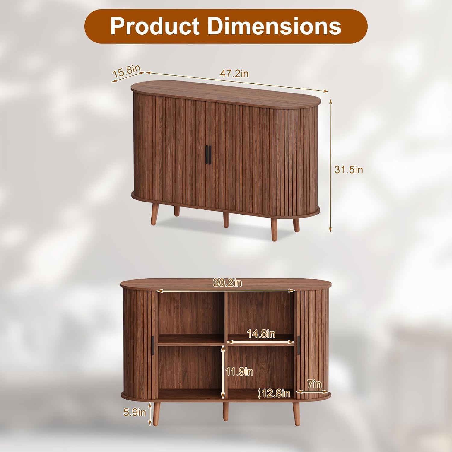 47" Buffet Cabinet,Sideboard Buffet Cabinet with Storage,Sideboard Console Table with Sliding Door & Adjustable Shelf,Curved Edge Sideboard Cabinet for Living Room, Kitchen(Walnut)