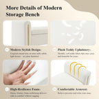 52" Storage Ottoman Bench, Teddy Upholstered End of Bed Bench with Pull-Ring, Storage Bench with Armrest, Window Bench Sturdy with Safety Hinge,Entryway Bench for Bedroom(Cream)