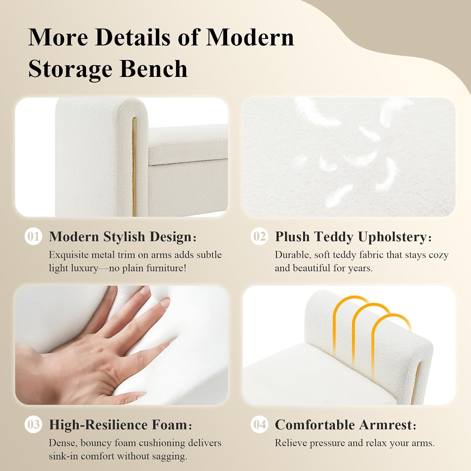 52" Storage Ottoman Bench, Teddy Upholstered End of Bed Bench with Pull-Ring, Storage Bench with Armrest, Window Bench Sturdy with Safety Hinge,Entryway Bench for Bedroom(Cream)