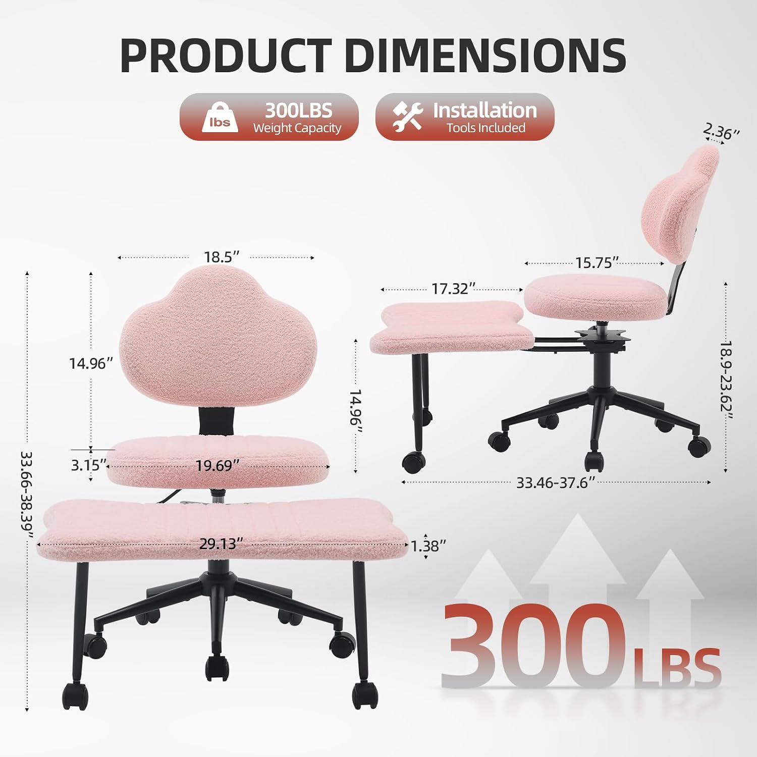 Ergonomic Cross Legged Chair, 360° Swivel Meditation Chair with Wheels, Height Adjustable Seat for Meditation, ADHD & Yoga, Teddy Fabric Yoga Stool for Home Office, Pink