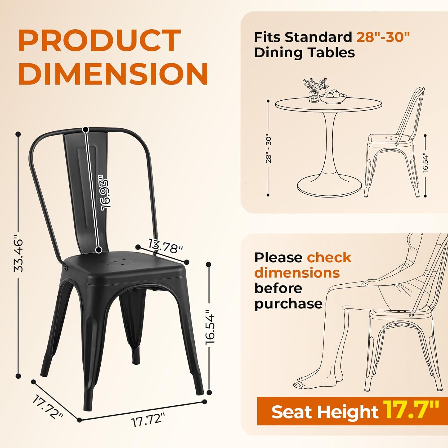 Metal Dining Chairs Set of 2 Iron Stackable Indoor Metal Chair,Easy Clean,Industrial/Kitchen Dining Room/Apartment/Matte Midnight Black