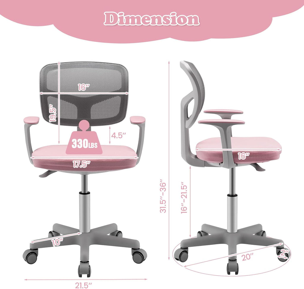 Giantex Kids Desk Chair, Ergonomic Adjustable Teen Task Chair w/Y-Shaped Lumbar Support, Armrest & Universal Wheels, Mesh Kid Office Chair for Sturdy, Kids Computer Chair for Boys & Girls 4-12, Pink