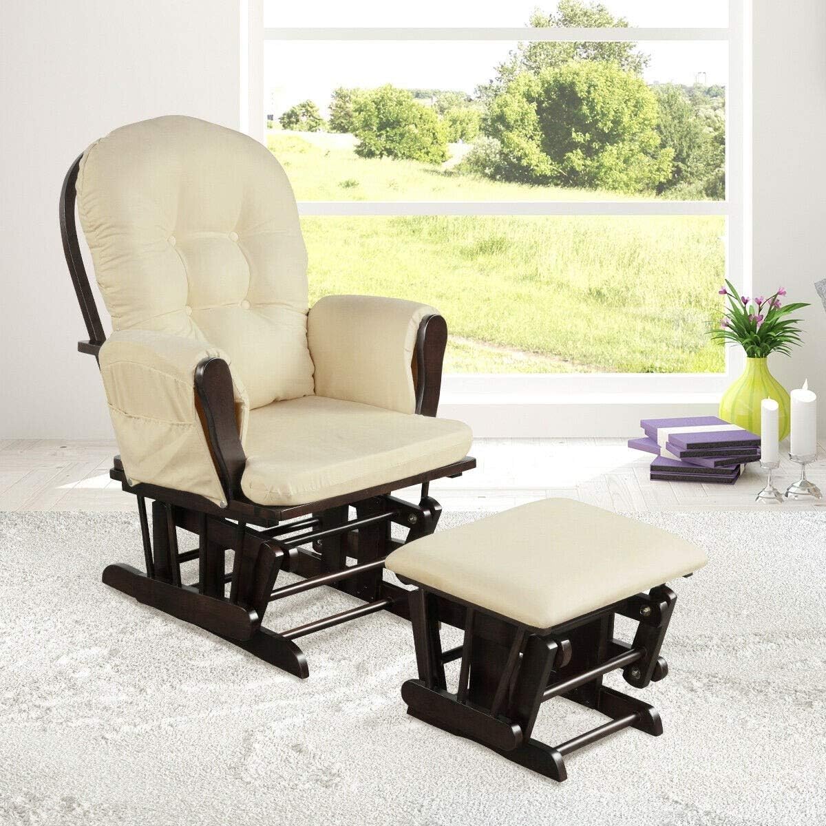 Nursery Rocking Chairs Nursery Glider Rocking Chair Wood Baby Rocker with Ottoman Cushion Upholstered Nursing Chair with Padded Arms (Beige)