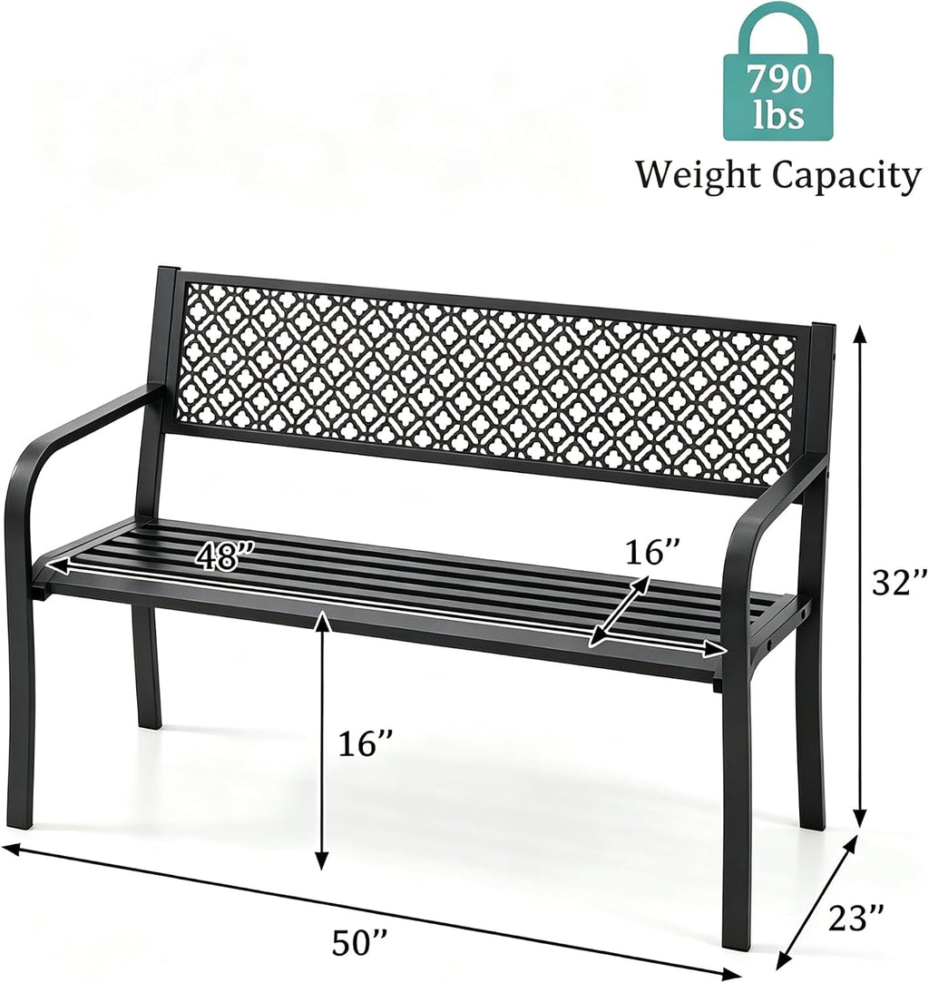 Heavy Duty Black Metal Patio Garden Bench for 2 – Durable Steel, Weather Resistant – Geometric Backrest – Ideal for Garden, Lawn, Yard Seating – Black
