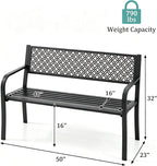 Heavy Duty Black Metal Patio Garden Bench for 2 – Durable Steel, Weather Resistant – Geometric Backrest – Ideal for Garden, Lawn, Yard Seating – Black