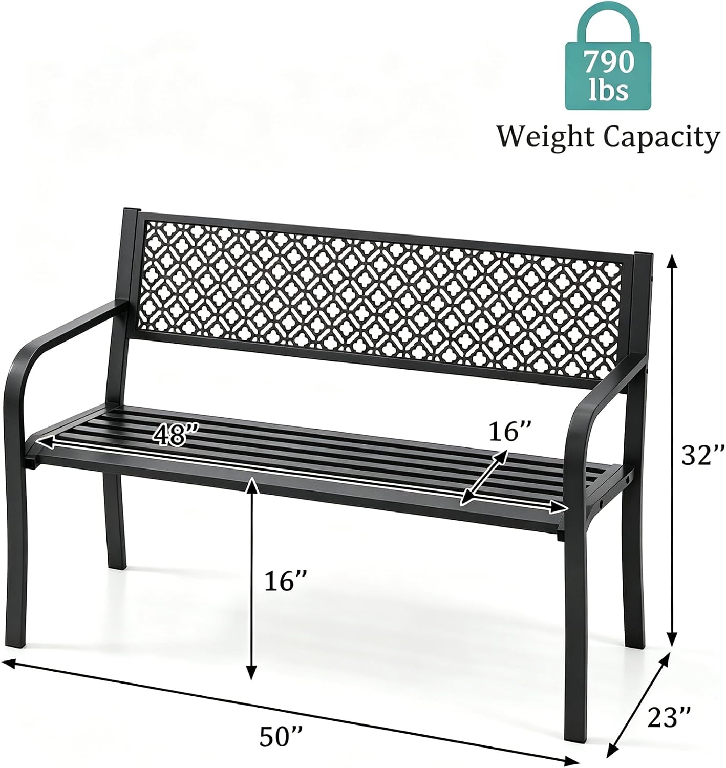 Heavy Duty Black Metal Patio Garden Bench for 2 – Durable Steel, Weather Resistant – Geometric Backrest – Ideal for Garden, Lawn, Yard Seating – Black