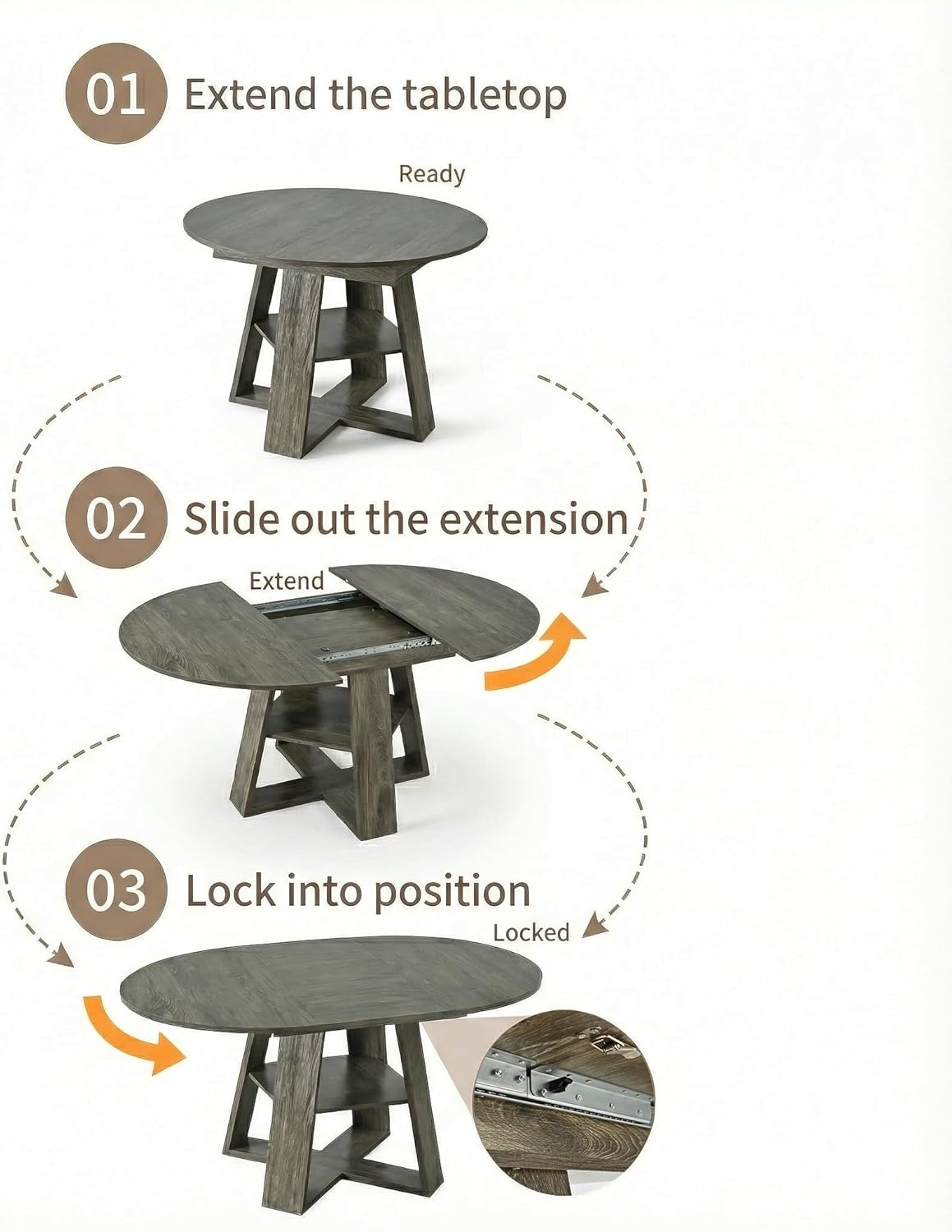5 Piece Round Extendable Dining Table Set for 4, 43"-59" Grey Wood Oval Expanding Kitchen Table with 4 Velvet Tufted Chairs, Space Saving Extendable Dining Room Tables with Storage Shelf
