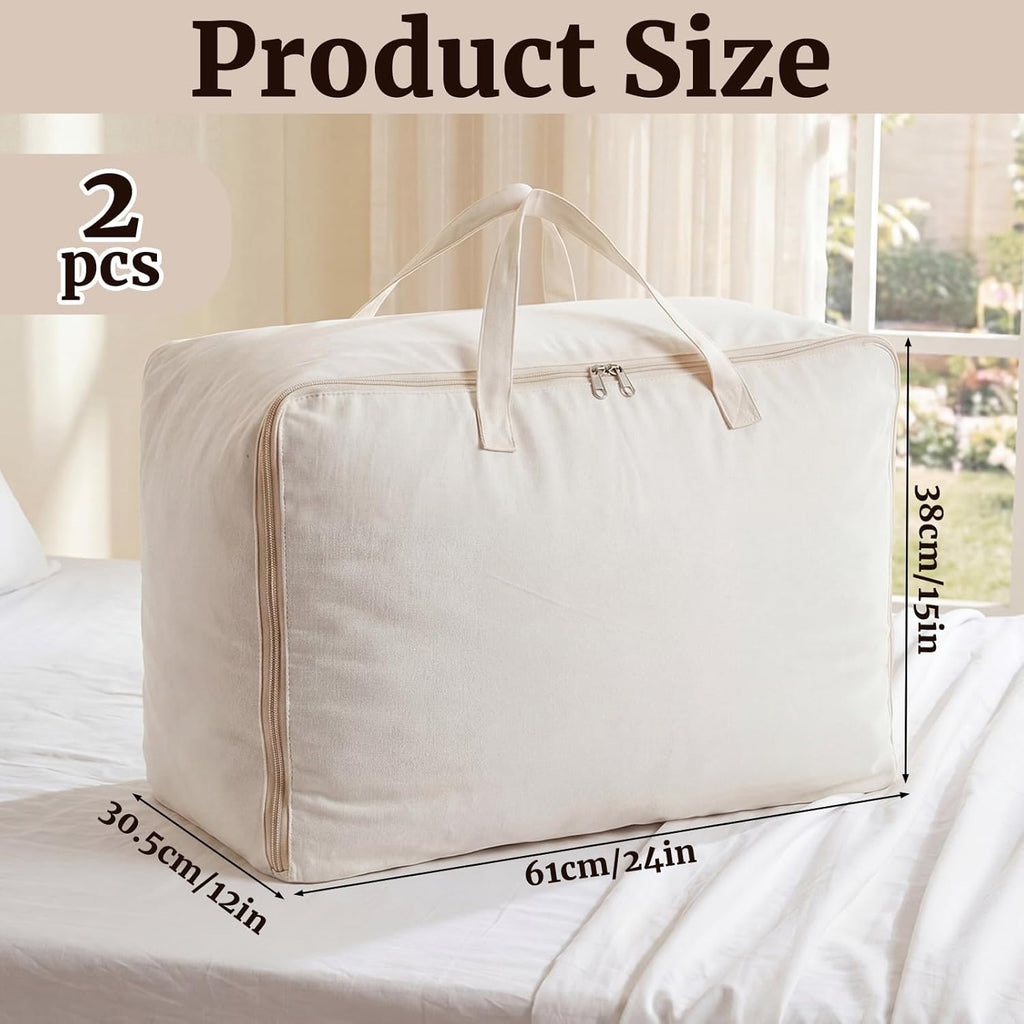 2 Pack 100% Cotton 24"x 15"x 12" Canvas Pillow Storage Bag with Handles for Home Travel Beddings Comforters Blankets Saree Linens Organizer Thick Soft Breathable Closet Organizer Bag