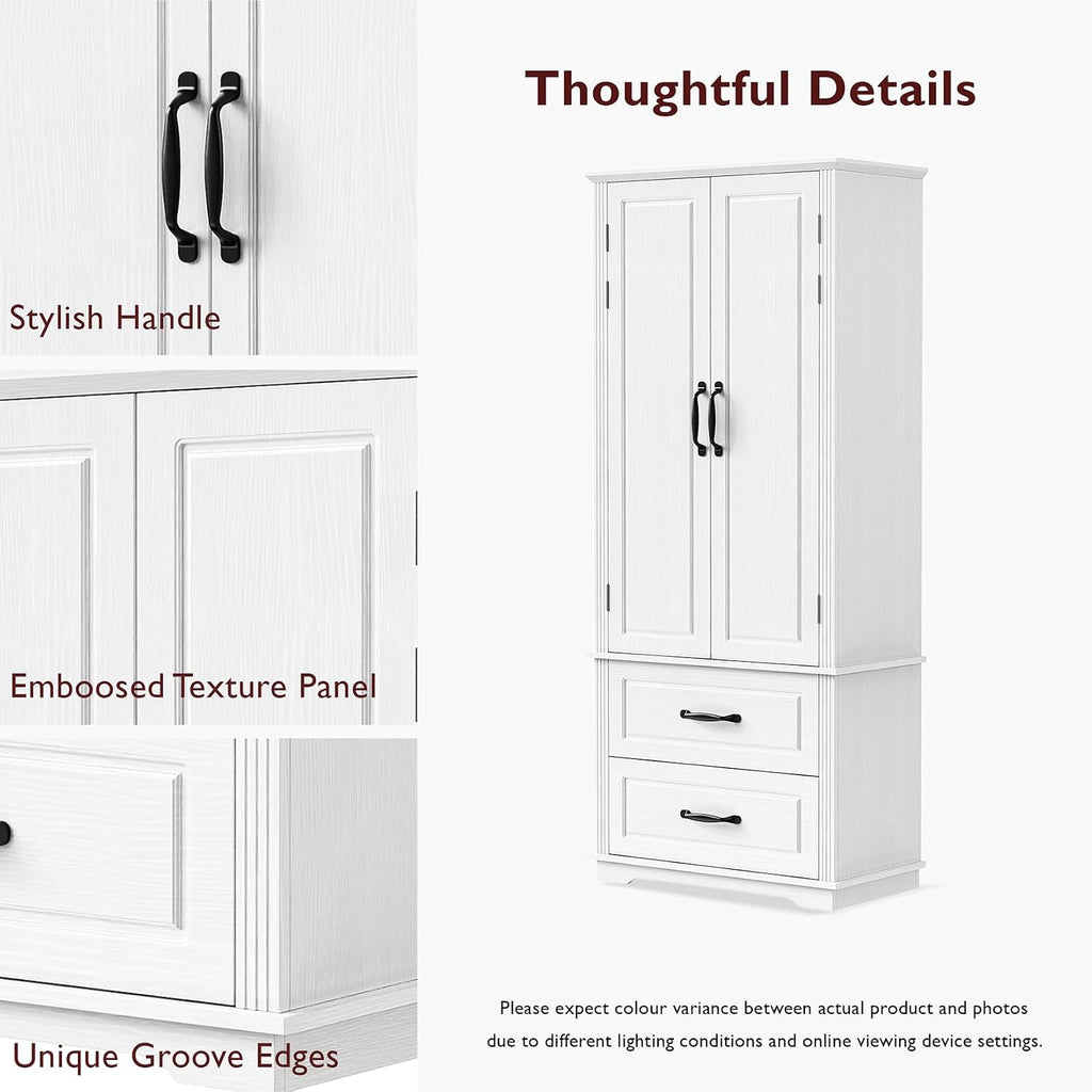 71" Tall Farmhouse Pantry Cabinet, Wood Storage Cabinet with 2 Doors, 2 Drawers and 3 Adjustable Shelves, Freestanding Cupboard for Kitchen, Living Room, Dining Room and Home, Office, White