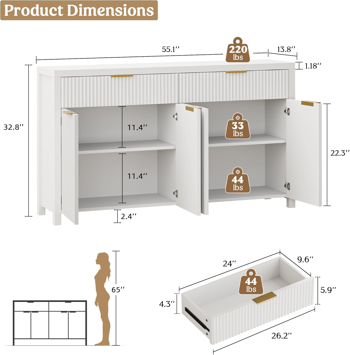 Lulive Fluted Storage Cabinet with Drawers Buffet Sideboard Cabinet with Adjustable Shelves for Kitchen Living Room, Kitchen, Entryway (White, 13.8" D x 55.09" W x 32.8" H)