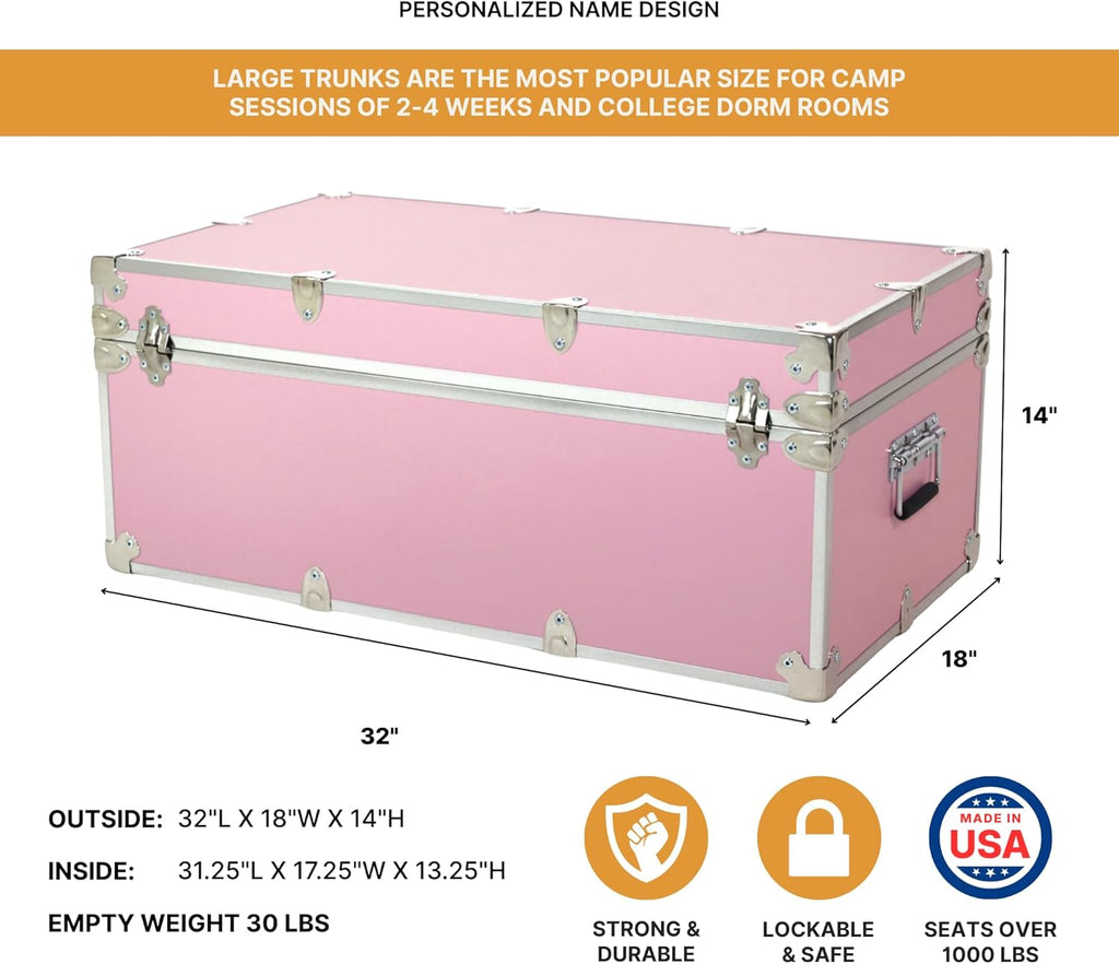 Rhino Trunk & Case Girls Personalized Pink Trunk with Wheels. 32"x18"x14", 1000+ lbs Capacity Steamer Style - Strong, USA Made Summer Camp Footlocker and Secure Dorm Storage Chest