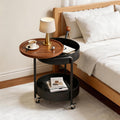 Mid-Century Modern Round Side Table, 2-Tier Mobile Sofa End Table with Rotatable Expandable Solid Wood Tabletop, Metal Frame Rolling Nightstand with Wheels for Living Room Bedroom，Black & Walnut