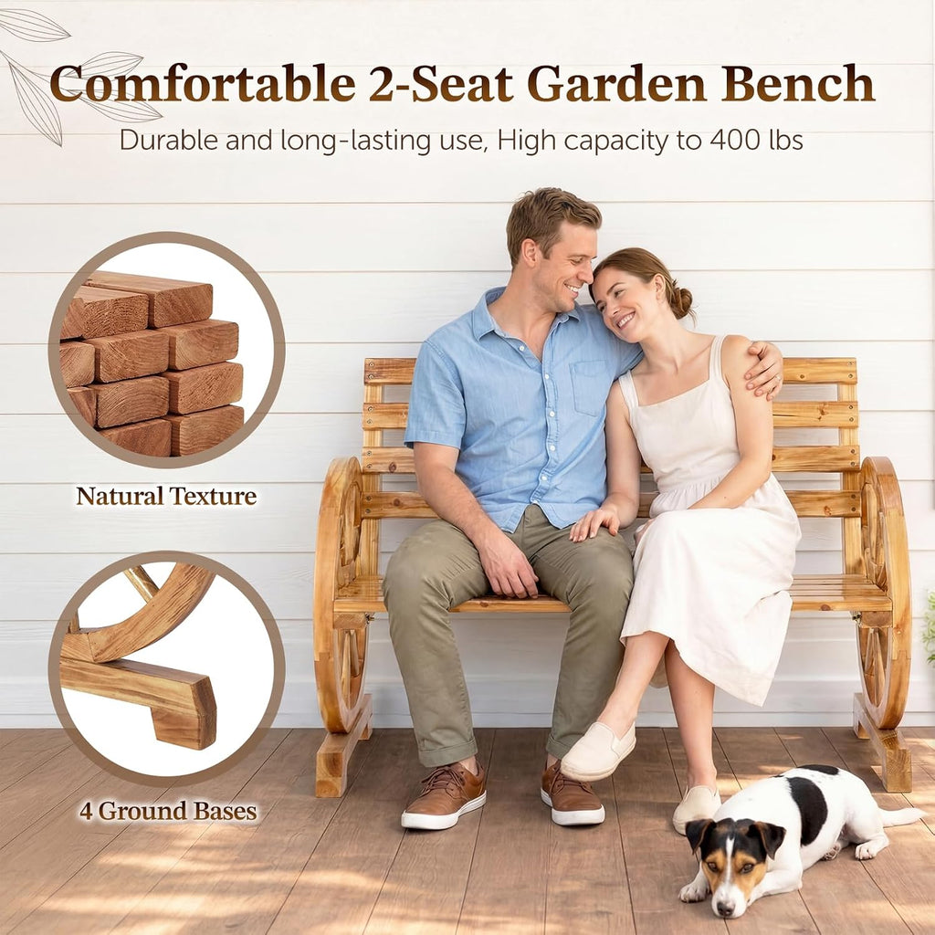 Outvita 41'' Outdoor Wooden Bench, 2-Person Rustic Wagon Wheel Bench with Slatted Seat and Carbonized Fir Wood Construction, Weather-Resistant Garden Bench for Patio, Porch and Backyard（Light Brown）