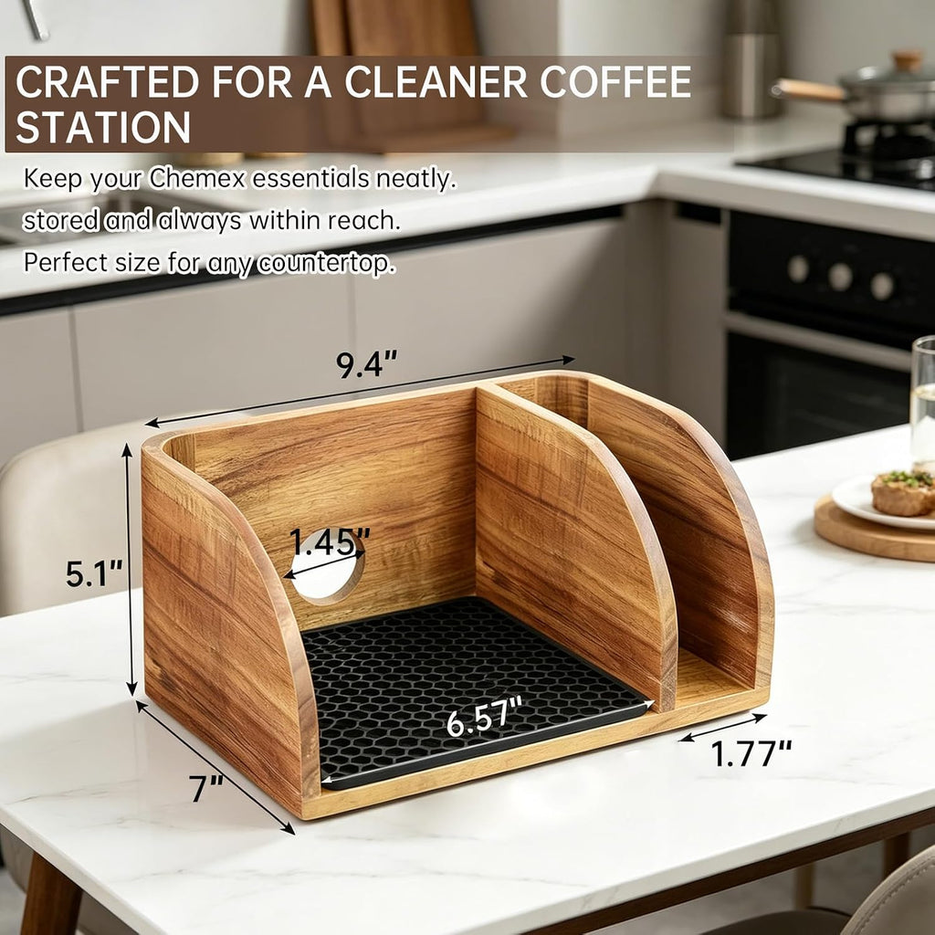 Acacia Wood Coffee Bar Station Organizer Stand, Wooden Pour Over Maker Caddy Storage Organizers, Coffee Filter Holder for Countertop with Heatproof Mat (9.4*7*5.1 inch) Glass Coffee Maker not included