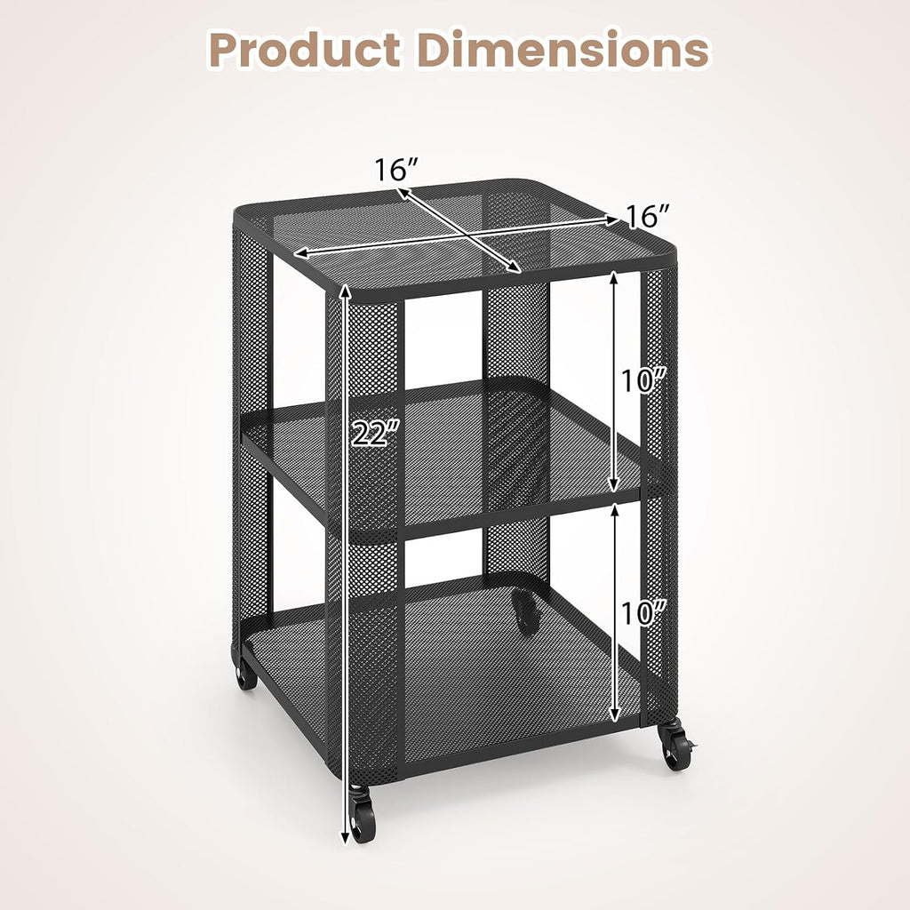Giantex 3-Tier End Table, Rolling Side Table w/Open Storage Shelves, Sturdy Mesh Metal Frame & Lockable Wheels, Mobile Small Bedside Night Stand for Bedroom Living Room Office