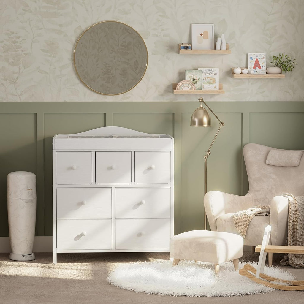 BOLUO Changing Table Dresser with Storage, Baby Dresser with Changing Table Top Diaper Changing Station with 7 Fabric Drawers for Nursery Modern