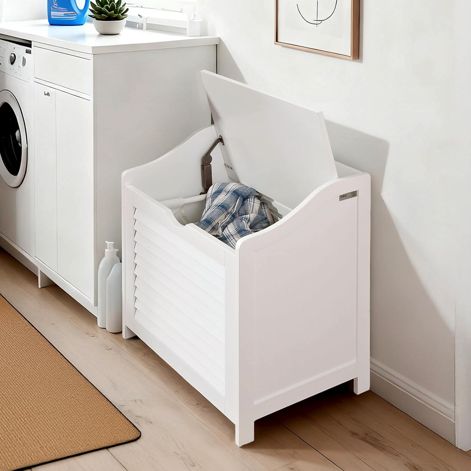SoBuy Small Storage Bench with Laundry Hamper – Multi-Functional Bench with Removable Bag and Lid – Hidden Toy Chest, Blanket Storage Organizer for Bathroom, Bedroom, or Entryway – White, FSR40-W