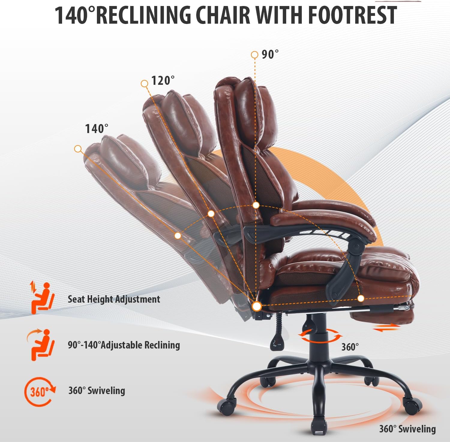 Reclining Ergonomic Executive Office Chair With Footrest, 400lbs Big Tall Recliner Desk Chairs with Lumbar Support, Heavy Duty High Back Vintage Leather Home Computer Chair with Wheels, Brown
