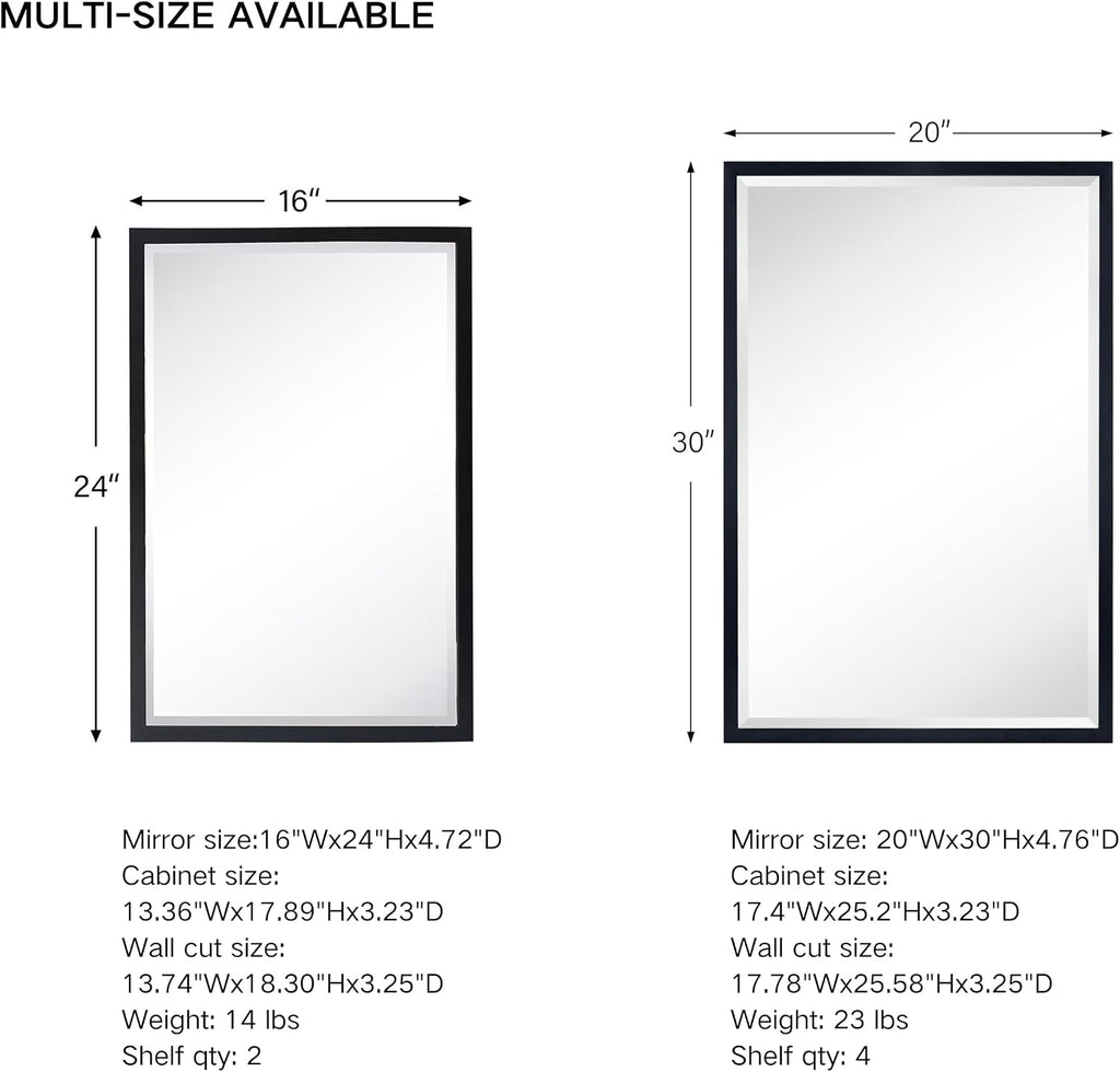 TEHOME Black Recessed Bathroom Medicine Cabinet with Mirror Squared Corner Rectangle Metal Framed Medicine Cabinet with Beveled Mirror 20x30''