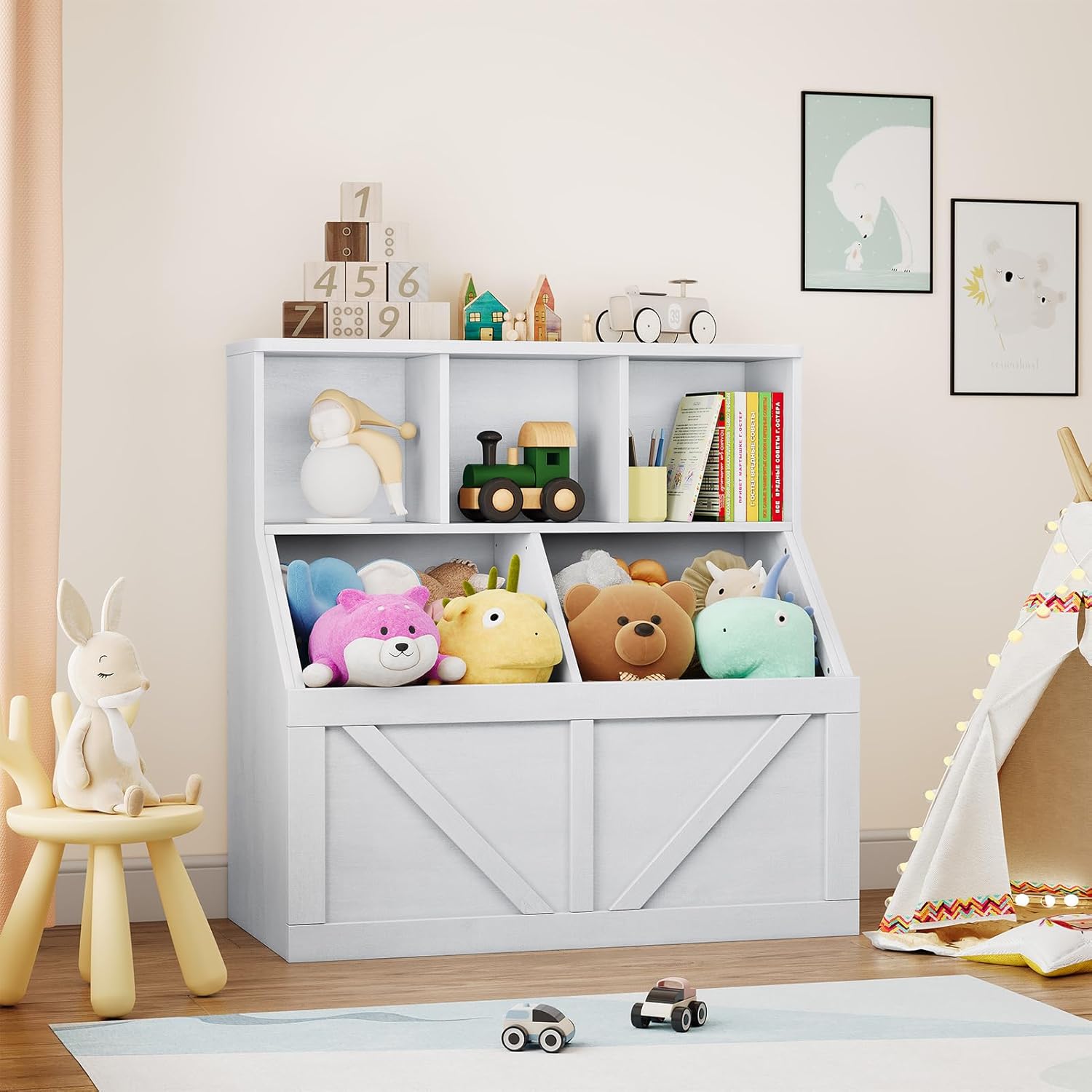 Jojoka Kids Bookshelf & Toy Storage Organizer, Toddler Toy Storage Cabinet for Playroom, Bedroom, Nursery, Classroom & Daycare