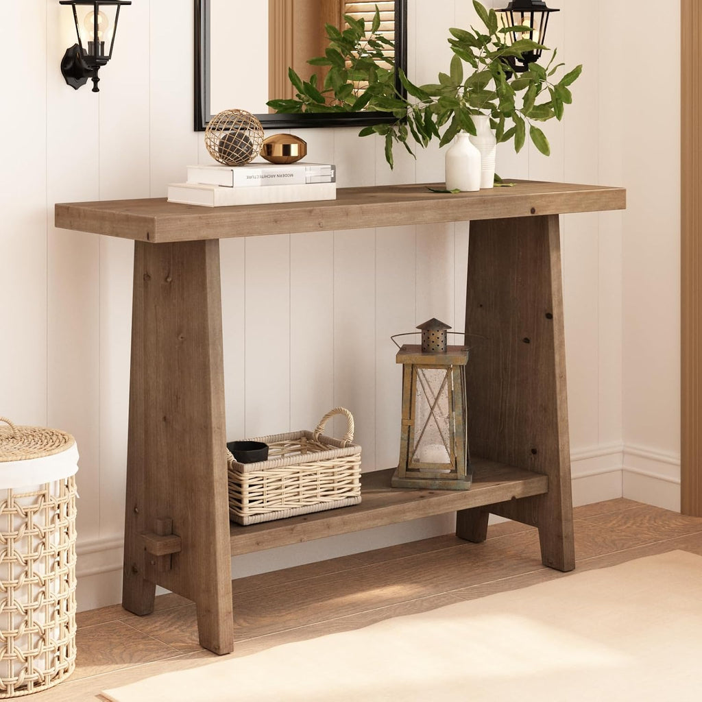 HOKYHOKY Wood Console Table for Entryway, 43.3" Farmhouse Entryway Table with Storage Shelf, Solid Wood Tabletop Rustic Narrow Skinny Sofa Table for Living Room, Hallway, Entryway, Foyer, Brown