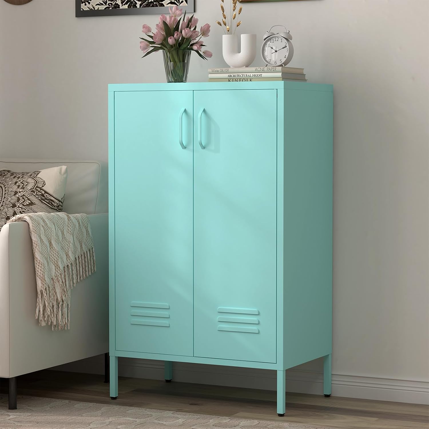 IRONFFICE Metal Accent Cabinet, Steel Cabinet Organizers and Storage, Metal Cabinet with Adjustable Shelves, 2 Doors Storage Cabinet for Hallway, Office, Blue
