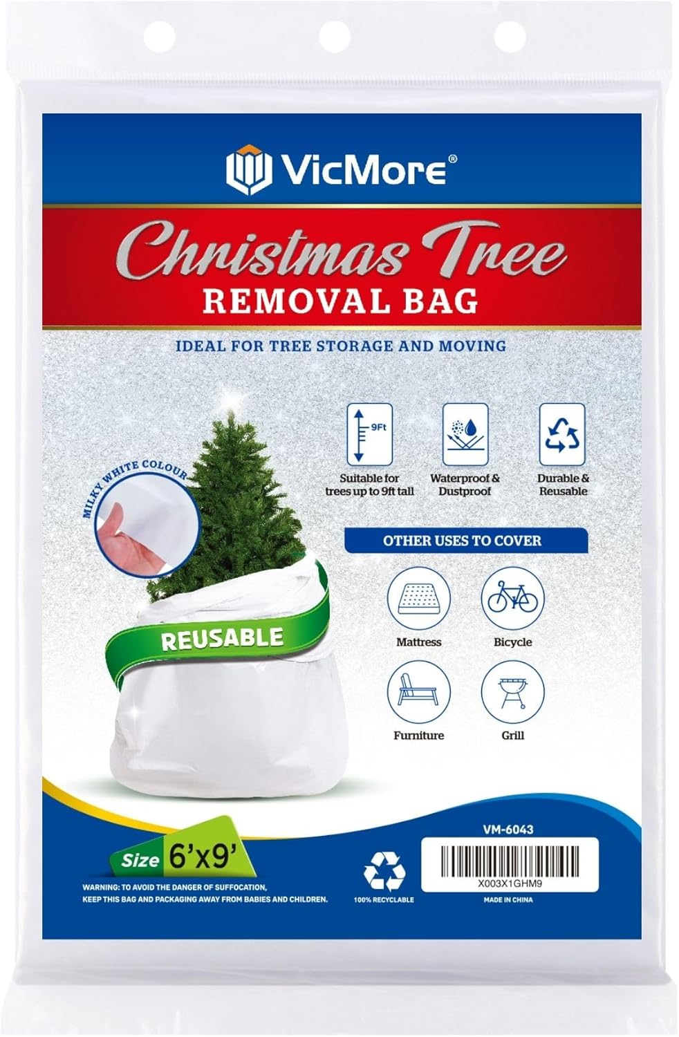 VicMore Christmas Tree Disposal Bag 9ft x 6ft White - Heavy-Duty Polyethylene Storage Cover