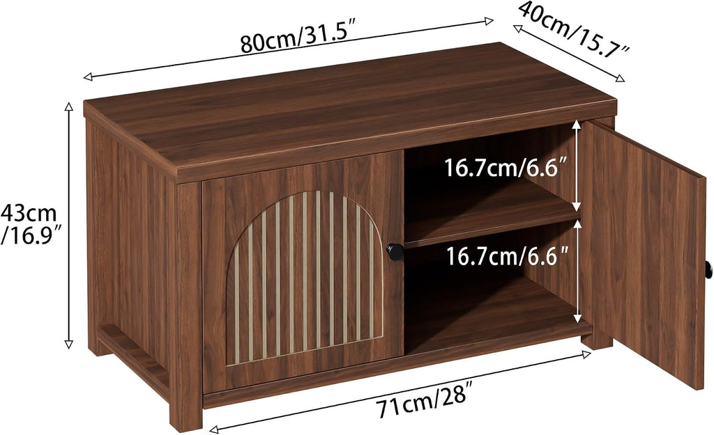 Fluted Storage Bench with Storage, Small Entryway Shoe Bench, Bedroom Storage Bench, Wood Shoe Organizer, Mid Century Modern Cabinet with 2 Doors, Adjustable Shelf, Hallway, Living Room, Walnut