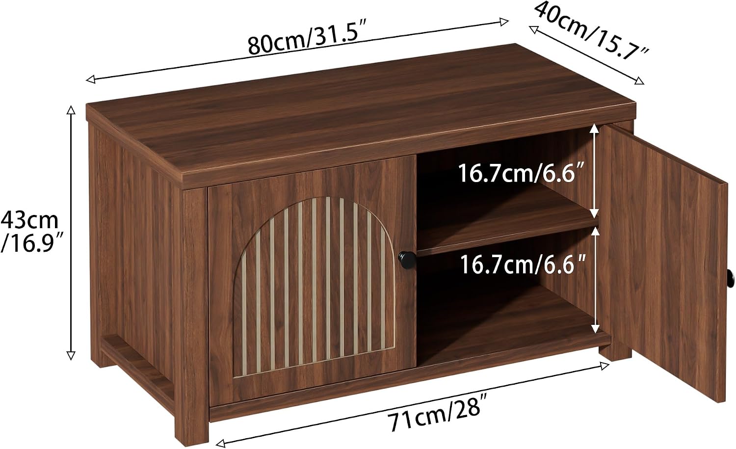 Fluted Storage Bench with Storage, Small Entryway Shoe Bench, Bedroom Storage Bench, Wood Shoe Organizer, Mid Century Modern Cabinet with 2 Doors, Adjustable Shelf, Hallway, Living Room, Walnut