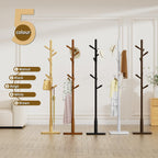 Solid Wood Square Base Coat Rack, Free Standing Hall Coat Tree with 8 Hooks（+2 spare) for Coats, Hats, Bags, Purses, for Entryway, Hallway, Rubberwood Hooks,Base and Pole,(Square Base, Dark Walnut)