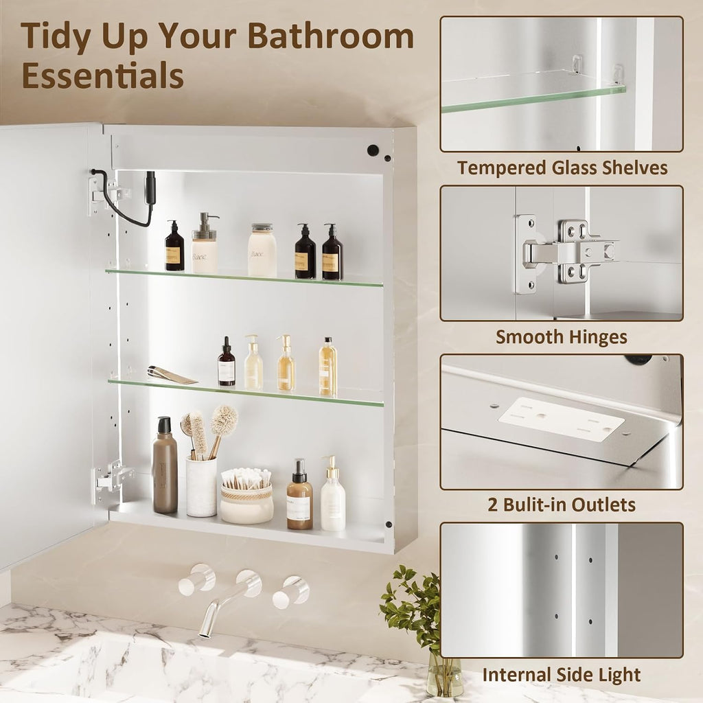 Lighted Medicine Cabinet with Mirror 20x26 IN, LED Medicine Cabinet Mirror with 3-Colors Dimmable Light, Defog, Medicine Cabinet with Lights Built-in Sensing Light, 2 Outlets, Recessed or Wall Mount
