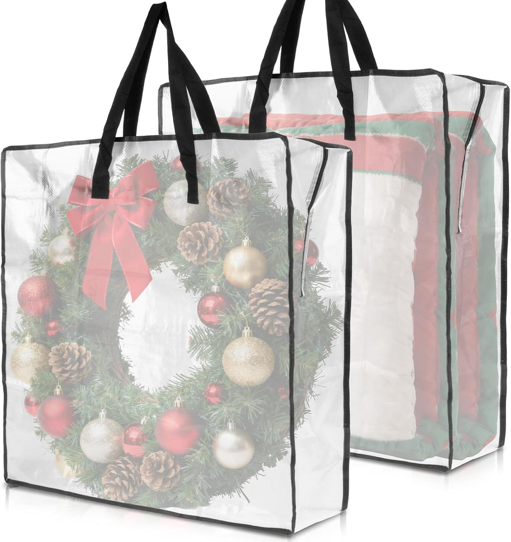RAINFLOW Wreath Storage Container - 2 PCS Clear Moving Bags Heavy Duty for Christmas Wreaths Garland Clothes Gift Pillow Toy Plastic Storage Bag with Zipper Moving Supplies College Dorm(24 inch)