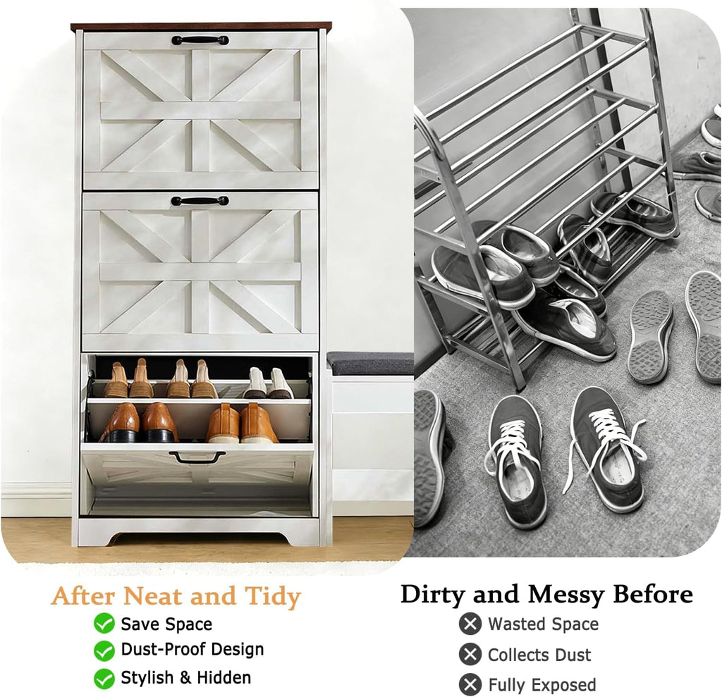 Shoe Storage Cabinet with Bench, Farmhouse Shoe Organizer with Barn Door Design, Space-Saving Hidden Narrow Shoe Rack Cabinet for Entryway, Hallway & Foyer, White