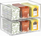 2 Pack Clear Tea Bag Organizer, Stackable Drawer Organizer with Dividers for Pantry Bathroom Vanity Kitchen - Cabinet Countertop Shelf Plastic Storage Bins for Coffee/Makeup/Cosmetic/Crafts/Jewelry